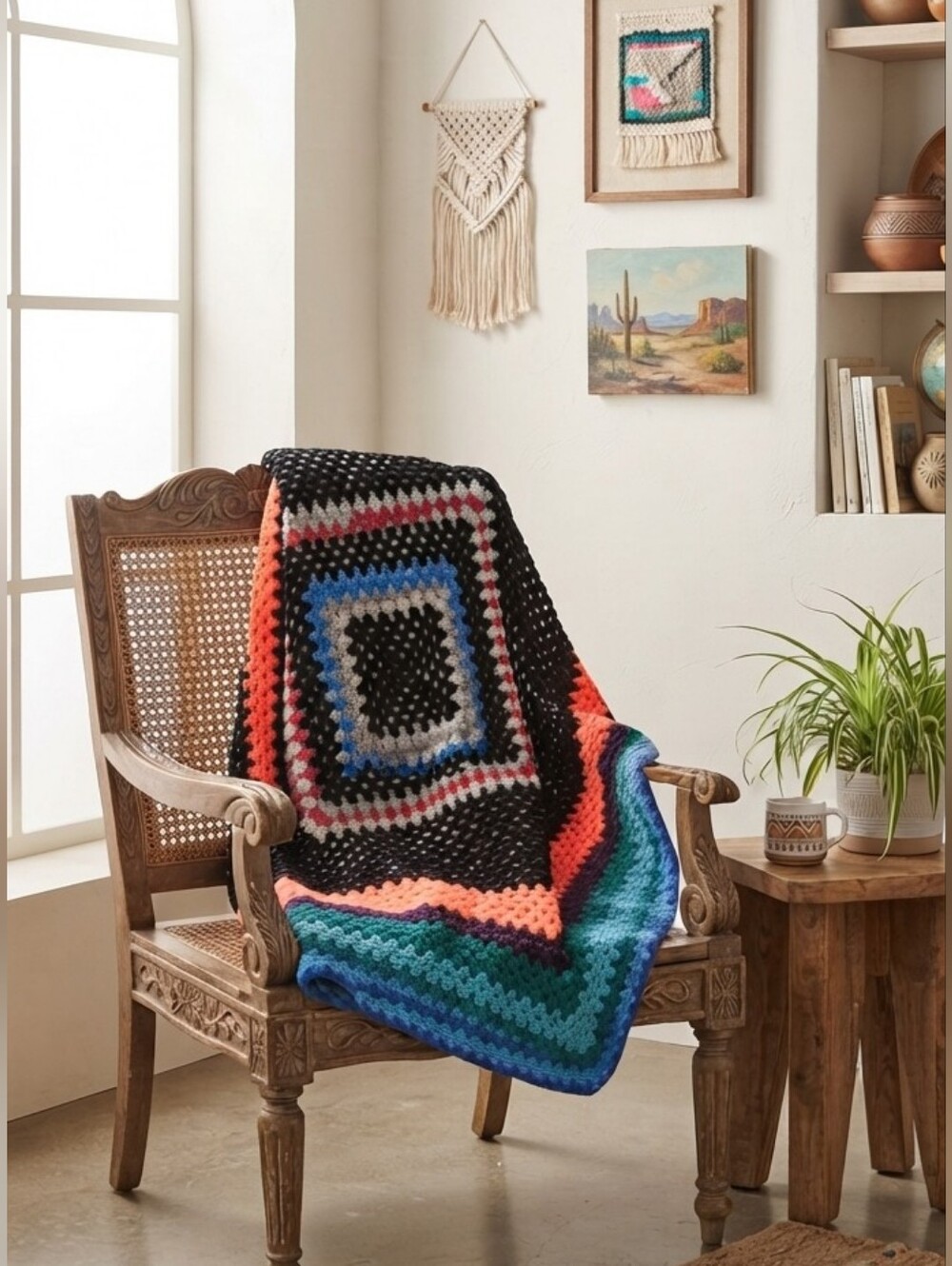 Handmade Crochet Granny Square Blanket Vintage Afghan Throw Blue Orange Boho